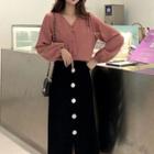 V-neck Blouse / Midi A-line Skirt