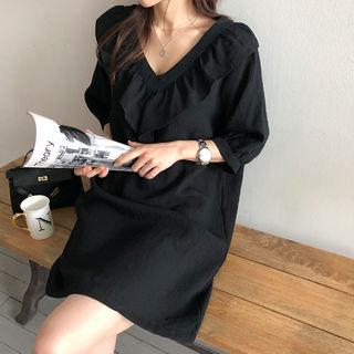 Frilled V-neck Puff-sleeve Shift Dress