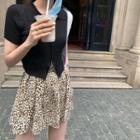 Short-sleeve Zipped Detail Knit Top / High-waist Animal Printed Skirt
