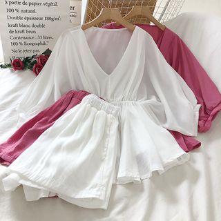 Set Of 2: V-neck 3/4 Sleeve Chiffon Top + Plain Shorts