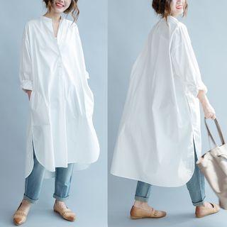 Notch-neck Long Shirt White - One Size