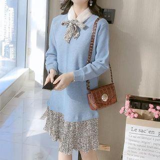 Tie-neck Leopard Print Panel Pullover Dress