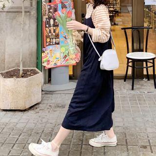 Striped Long-sleeve T-shirt / Pleated Midi Pinafore Dress