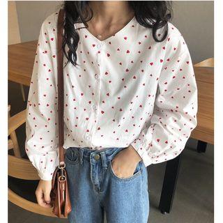 V-neck Heart Print Long-sleeve Blouse