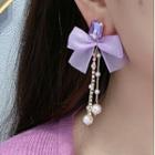 Bow Checker Rhinestone Faux Pearl Fringed Earring 1 Pair - Gold & Purple - One Size