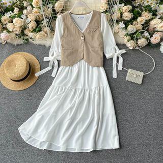 Set: Elbow-sleeve A-line Dress + Vest