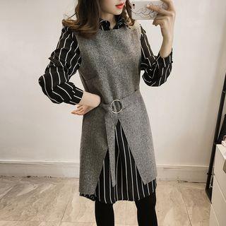 Set: Long-sleeve Shirt Dress + Long Vest