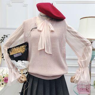 Set: Bell-sleeve Mesh Top + Knit Vest