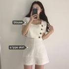 Short-sleeve Square Neck Cropped Blouse / Mini A-line Skirt