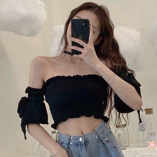 Short-sleeve Off Shoulder Top Black - One Size