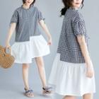 Asymmetric Short-sleeve Gingham Panel A-line Dress Gingham - Black & White - One Size