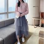 Floral Sweater / Sheer Panel Midi Skirt