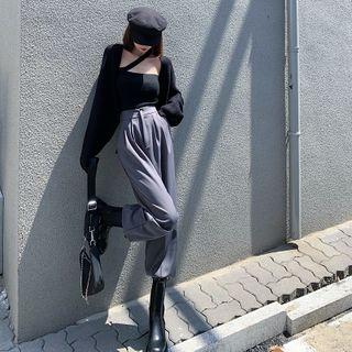 Open Front Cardigan / One-shoulder Knit Camisole / Cropped Harem Pants