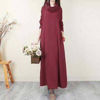 Long-sleeve Cowl-neck Maxi Shift Dress