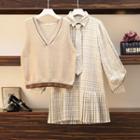 Long-sleeve Plaid Mini Shift Shirt Dress / Sweater Vest / Set