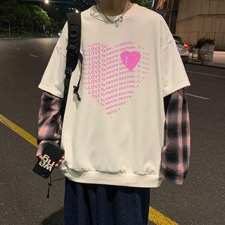 Mock Two-piece Plaid Panel Heart Print Sweatshirt