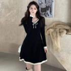 Long-sleeve Ribbon Knit A-line Dress Black - One Size