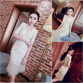 Elbow-sleeve Mesh Ruffle Skirt