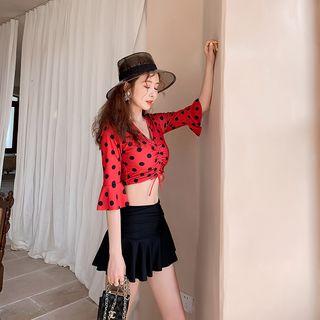 Set: Dotted Elbow-sleeve Rashguard + Swim Skirt