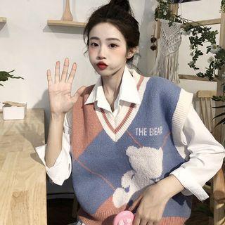 Plain Shirt / Bear Print Color Block Sweater Vest