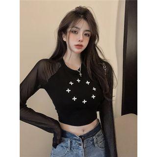 Long-sleeve Cross Print Mesh Panel Crop Top Black - One Size