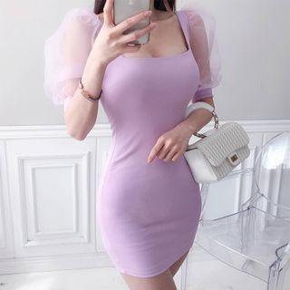Mesh Panel Short-sleeve Square-neck Mini Bodycon Dress