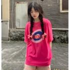 Elbow-sleeve Lettering T-shirt Rose Pink - One Size