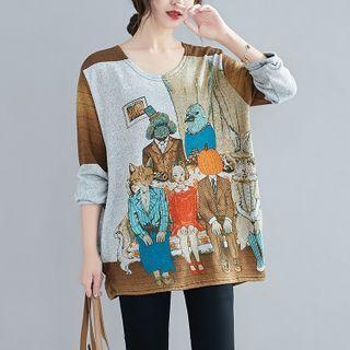 Long-sleeve Print T-shirt Coffee & Gray - One Size