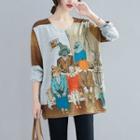 Long-sleeve Print T-shirt Coffee & Gray - One Size