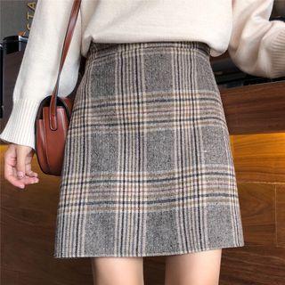 Plaid Woolen Mini Pencil Skirt