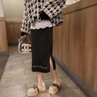 Lettering Straight-fit Midi Rib Knit Skirt Dark Gray - One Size