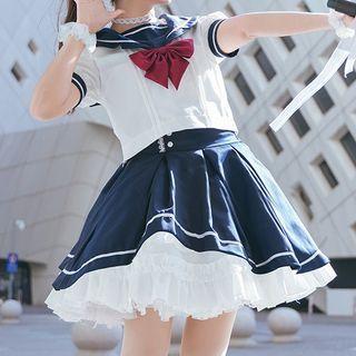 Sailor Collar Cropped Blouse / Mini A-line Skirt / Petticoat Skirt / Bowtie / Set