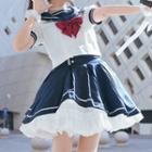 Sailor Collar Cropped Blouse / Mini A-line Skirt / Petticoat Skirt / Bowtie / Set