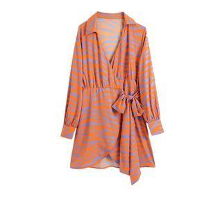Long-sleeve V-neck Patterned Mini Wrap Dress
