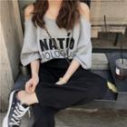 3/4-sleeve Cold Shoulder Letter T-shirt
