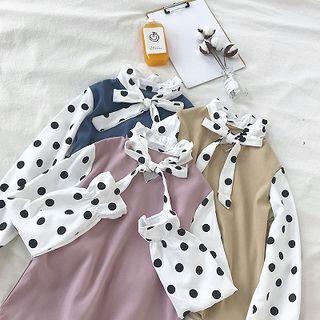 Color-block Polka Dot Lace-up Flare-sleeve Top