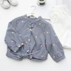 Flower Embroidered Gingham 3/4 Sleeve Top
