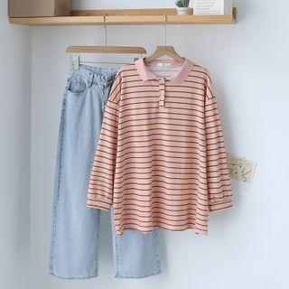 Striped Long-sleeve Polo Shirt / Wide Leg Jeans