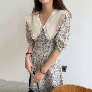 Puff-sleeve Flower Print Midi A-line Dress Floral - Purple & White - One Size