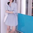 Long-sleeve Drawstring-waist Stripe Dress Light Blue - One Size