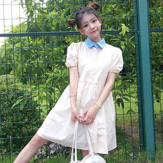 Puff Short-sleeve Collared A-line Dress