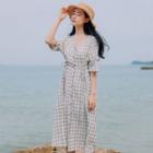 Plaid Elbow-sleeve Button Front V-neck Dress