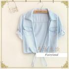 Tab-sleeve Tie-hem Denim Shirt