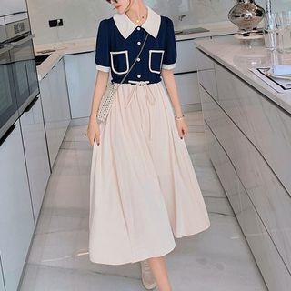 Short Sleeve Two Tone Drawstring Waist Midi Shirt Dress