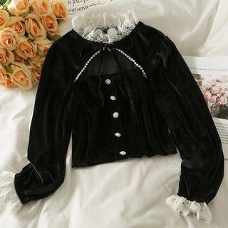 Lace-neckline Cutout Velvet Crop Blouse Black - One Size