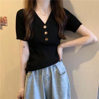 V Neck Skinny Short Sleeve Knitted Top