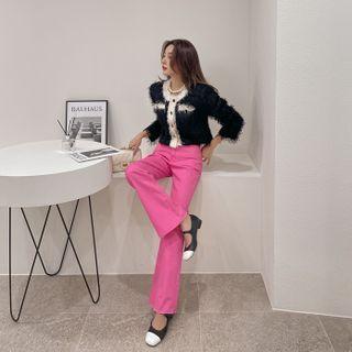 Contrast-trim Fluffy Cropped Cardigan