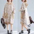 Long-sleeve Hooded Floral Print A-line Dress Off-white - One Size