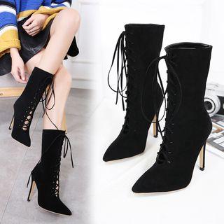 High-heel Lace-up Velvet Mid-calf Boots