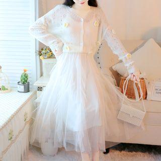 Set: Flower Accent Cardigan + Mesh Layered Skirt